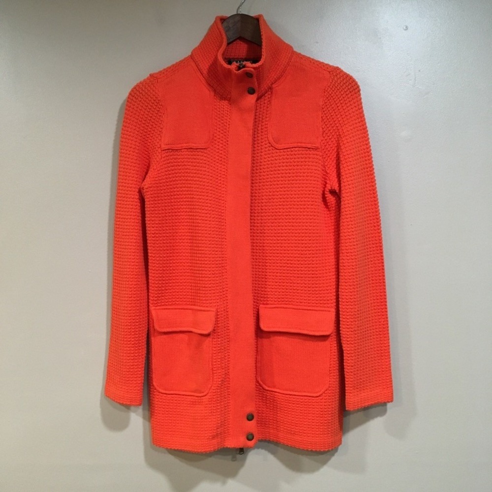 LRL Ralph Lauren Full Zip‎ Textured Cardigan Sweater Womens SP Orange Equestrian